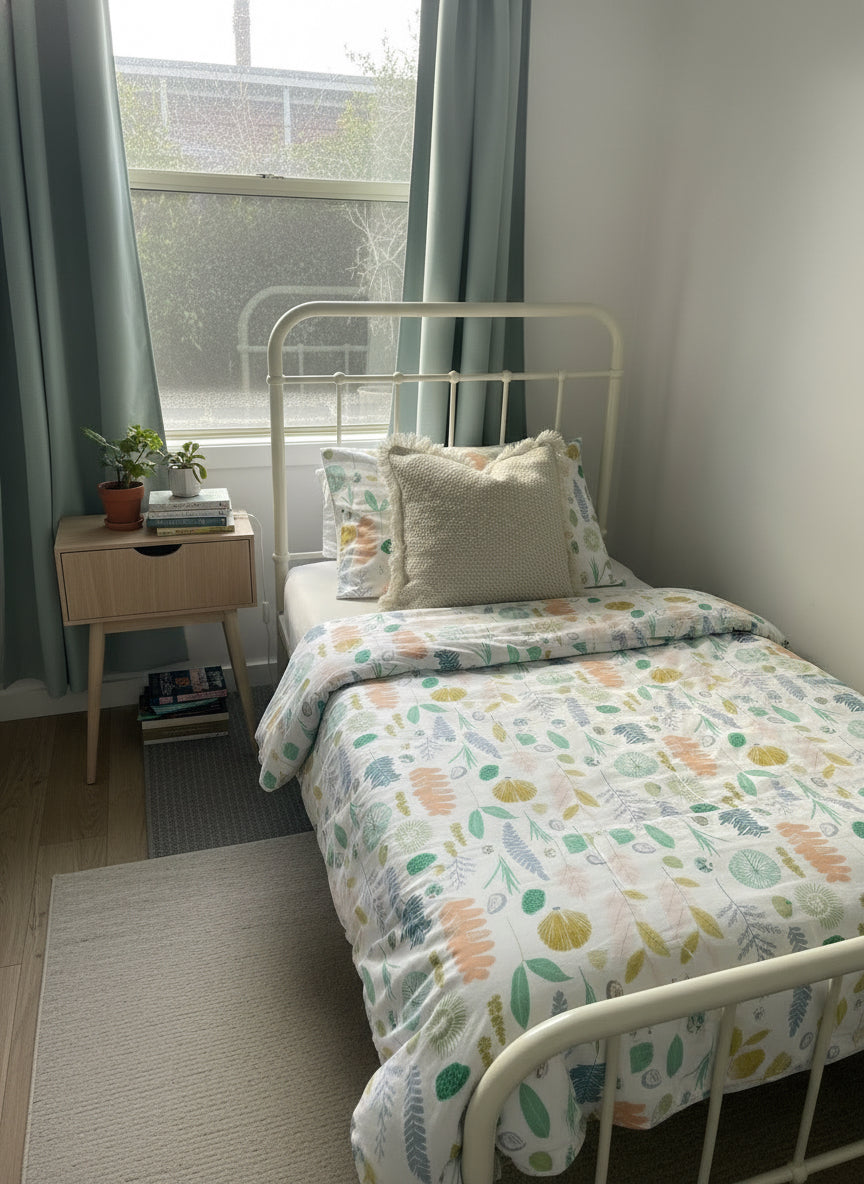 This Beach Fossils design is sure to take you to the beach (in your imagination) It gives the relaxed and cam vibe, but also a sense of joy vibe. 
Made from 100% breathable, and “oh so soft” Cotton. And has a feature that will minimise the frustration of bed making - Zip closure! This feature alone will mke changing duvet covers quicker and less tedious. 